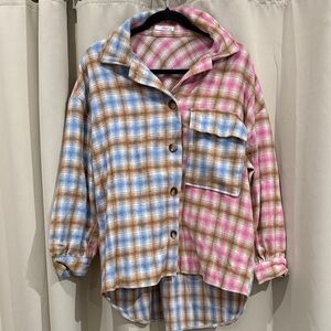 Timing Oversized Plaid Button-Up Shirt in Pink, Blue, and Brown Preloved Size S